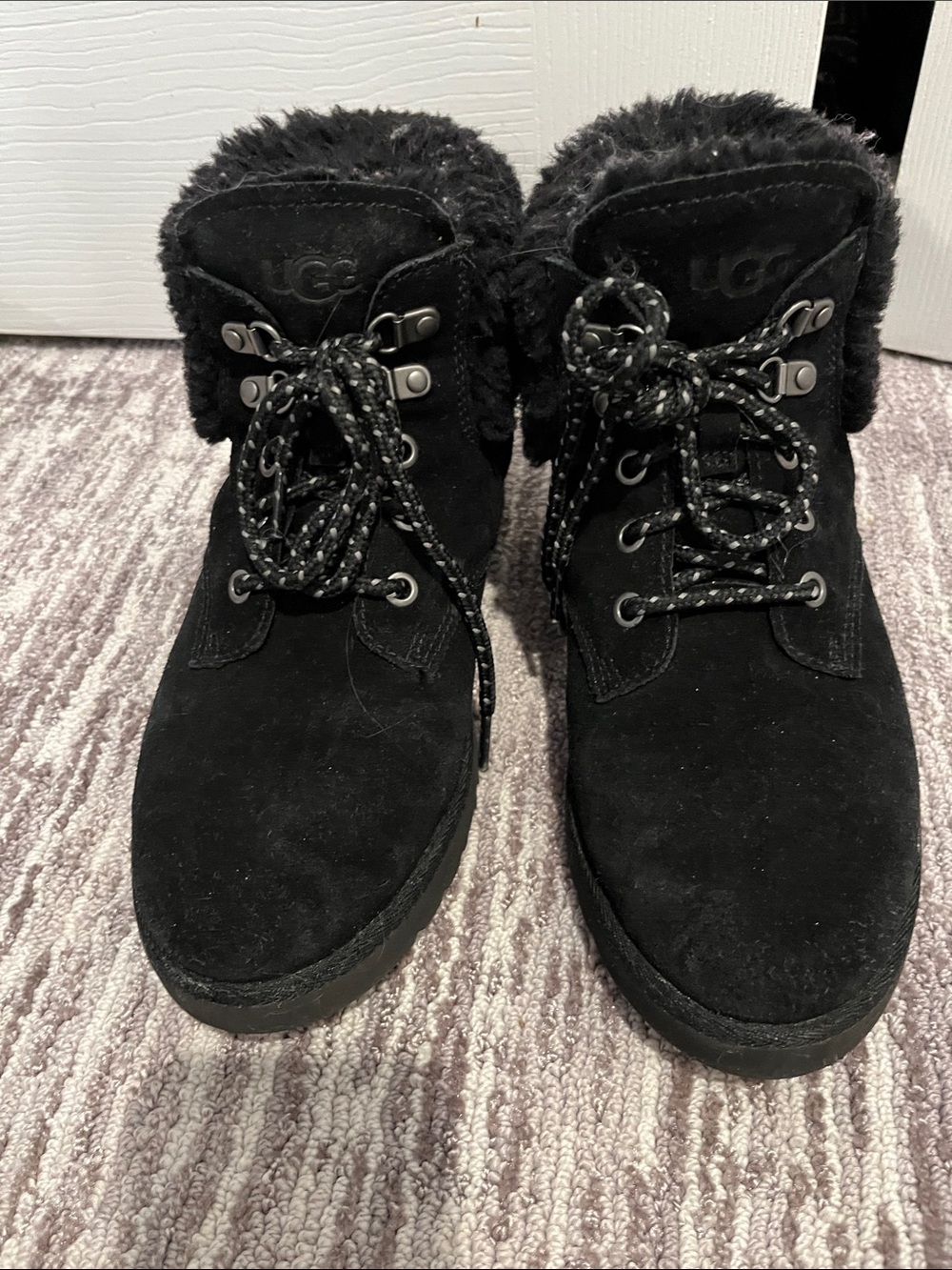 UGG Black Suede Lace-Up Shearling Collar Boots
